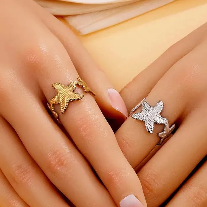 Adjustable Stainless Steel Gold Starfish Ring for Women Fashion Jewelry Gift
