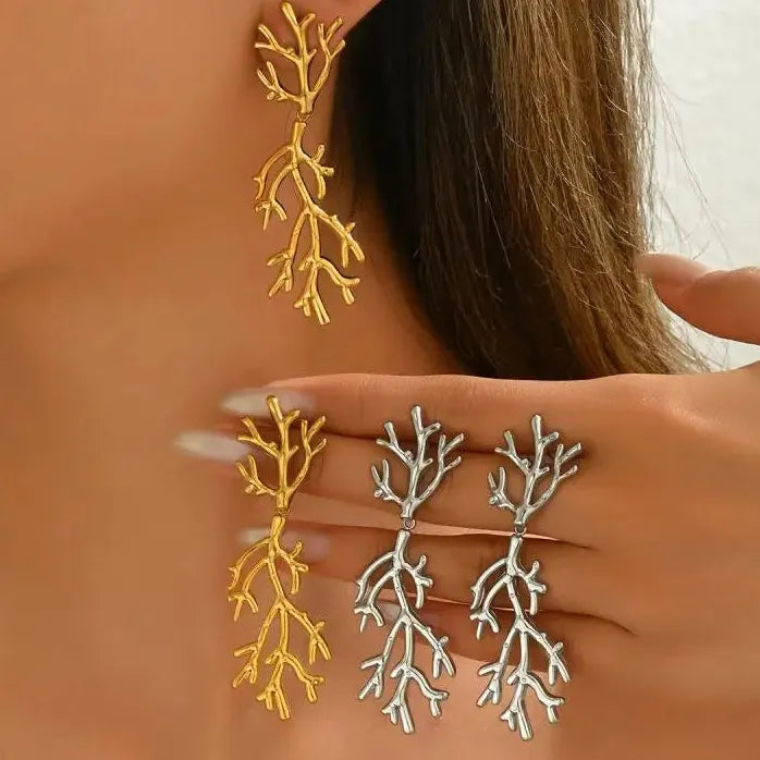 Stainless Steel Tree Branch Drop Earrings for Women Punk Tassel Jewelry Gift