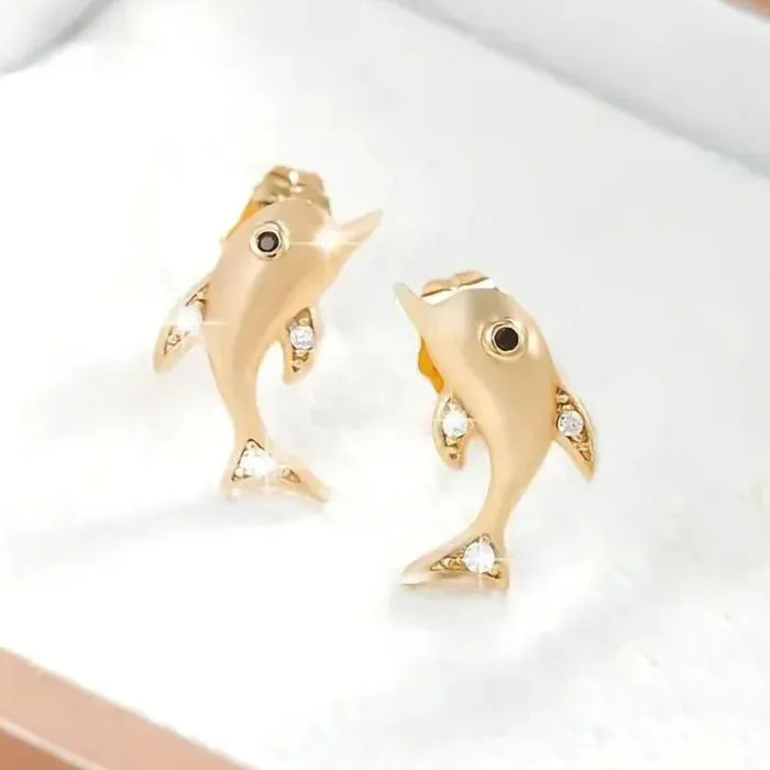 Gold Copper Metal Dolphin Stud Earrings for Women, High-Quality Jewelry Accessory
