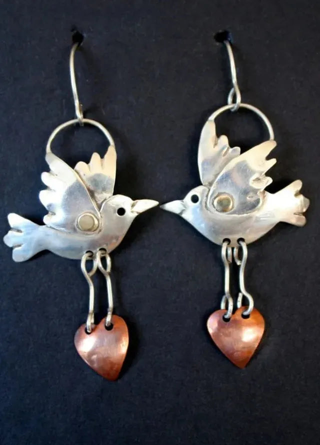 Retro Zinc Alloy Bird Earrings Two-Tone Heart Drop Fashion Jewelry