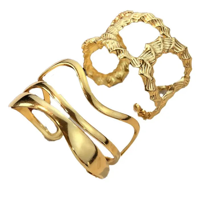 18K Gold Plated 316L Stainless Steel Hollow Ripple Opening Bangle Bracelet Women Punk Jewelry