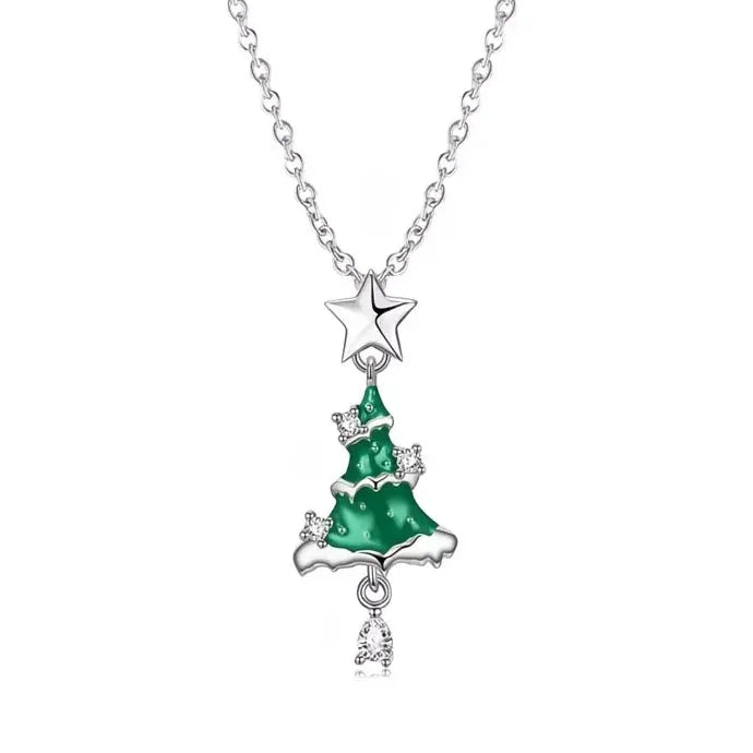 Green Christmas Tree CZ Enamel Pendant Necklace Brass Alloy Handmade Gift