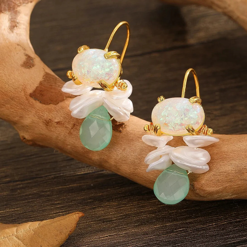 Creative Geometric Pearl Double Drop Round Stone Resin Zinc Alloy Earrings for Women