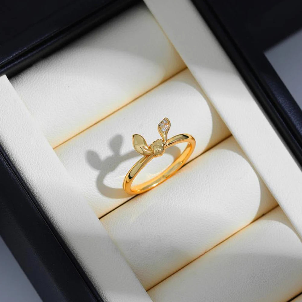 Creative Rabbit Ears Ring for Women Girls 18K Gold Plated Stainless Steel CZ Zircon Jewelry