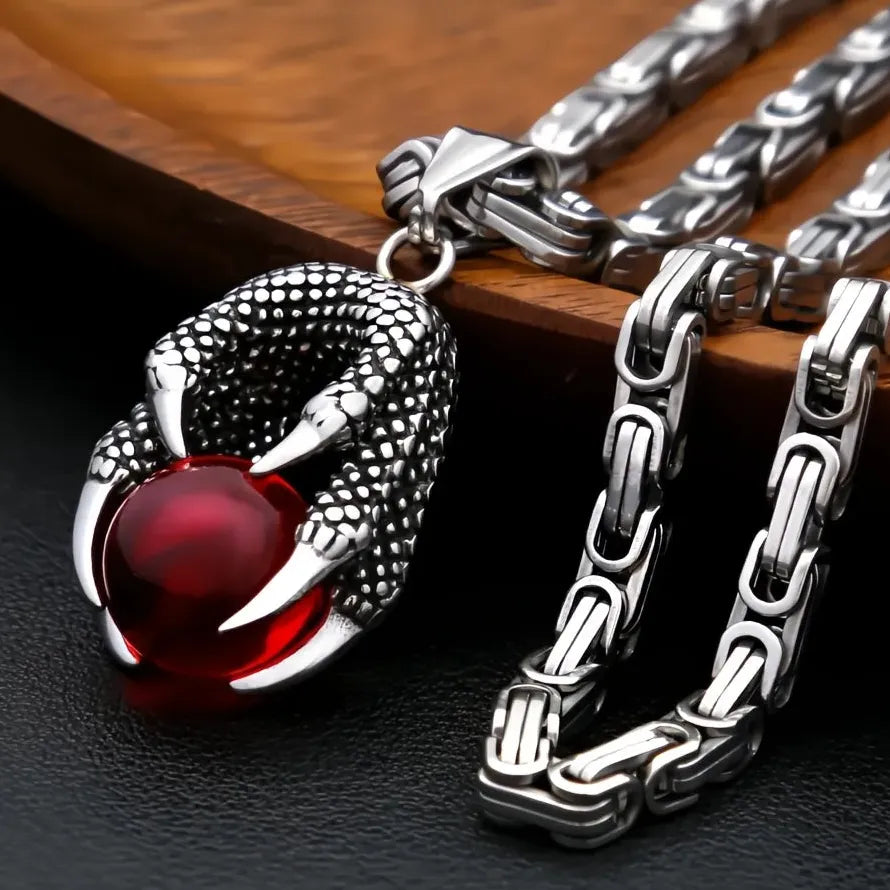 Viking Dragon Claw Necklace Red Bead Pendant Stainless Steel Men Gift