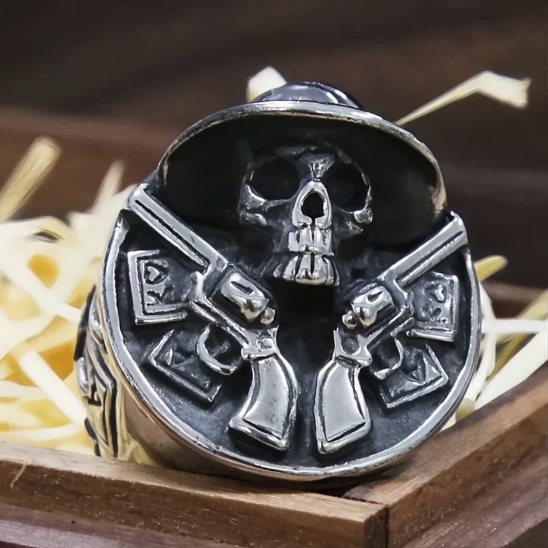 Vintage Cowboy Double Gun Skull Ring Men’s 316L Stainless Steel Punk Biker Hip Hop Jewelry