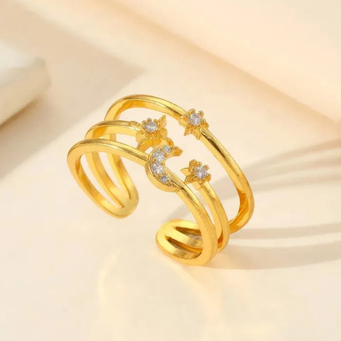 Adjustable Copper Ring Women’s Fashion Star Moon CZ Jewelry Accessories
