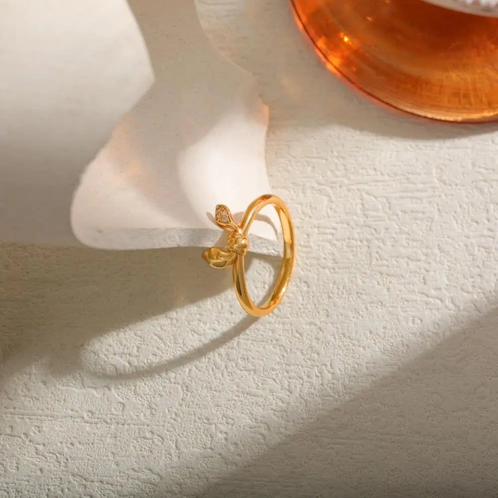 Creative Rabbit Ears Ring for Women Girls 18K Gold Plated Stainless Steel CZ Zircon Jewelry