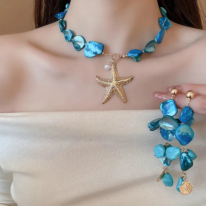 Natural Sea Star Shell Jewelry Set Necklace Earrings Bracelet Gift