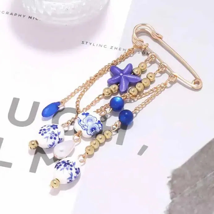 Geometric Ceramic Starfish Tassel Brooch Pin for Women Jewelry