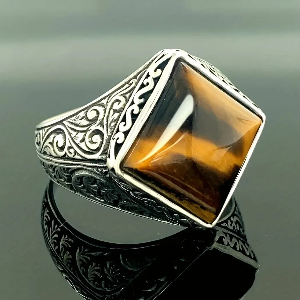 Vintage Men's Handmade Silver Signet Ring Mystic Zircon Opal Inlay Punk Biker Ring
