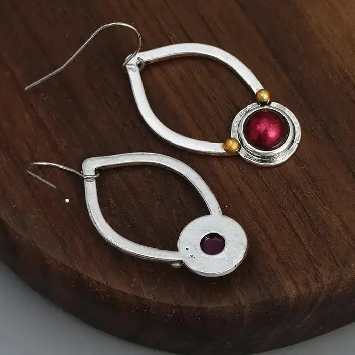 Vintage Red Stone Oval Drop Earrings for Ladies Zinc Alloy Antique Jewelry