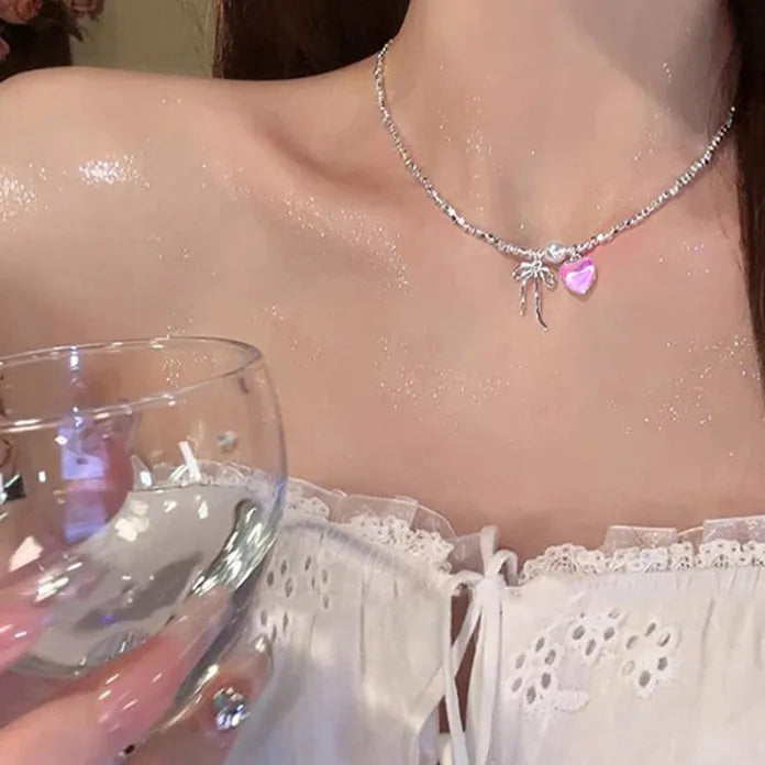 Y2K Pink Zircon Bowknot Necklace & Bracelet Set for Women Zinc Alloy