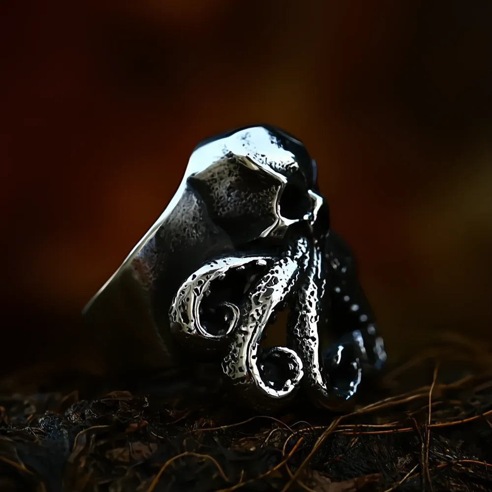 Stainless Steel Skull Octopus Ring | Viking Pirate Gothic Biker Ring for Men