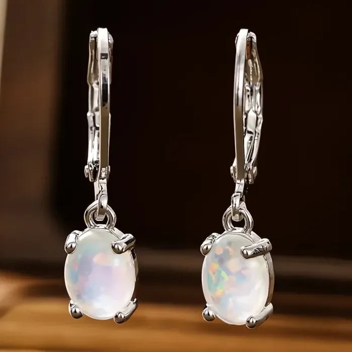 Elegant Minimalist Oval Opal Drop Earrings for Women, Geometric Design