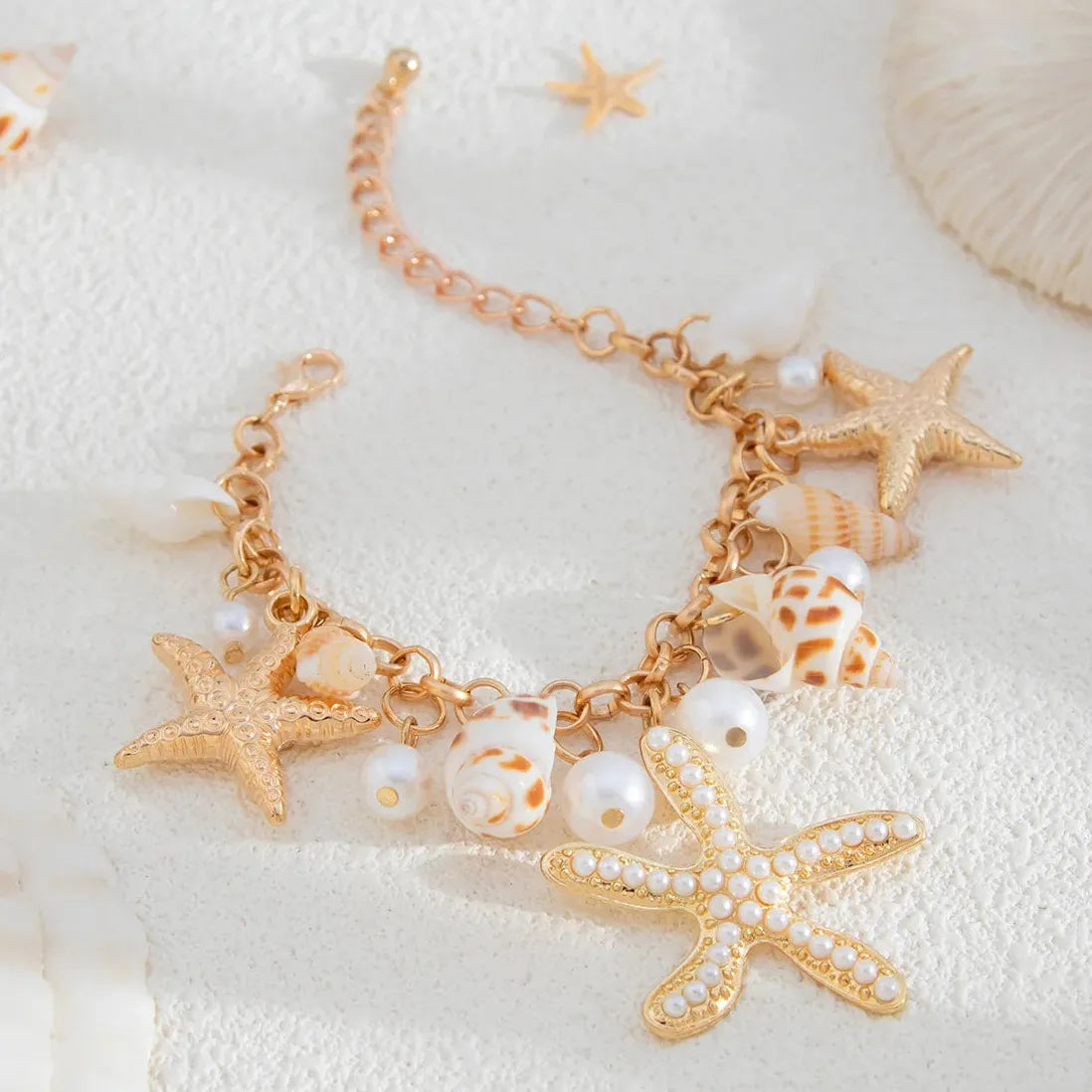 Handmade 18k Gold Plated Starfish Shell Pearl Bracelet Boho Beach Jewelry Charm