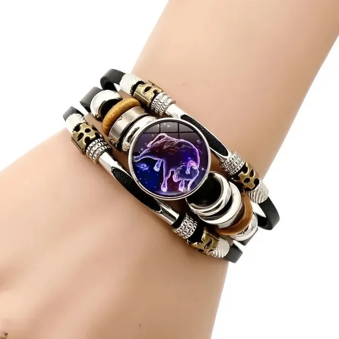 12 Constellation Zodiac Leather Bracelet with Glass Snap Button Unisex