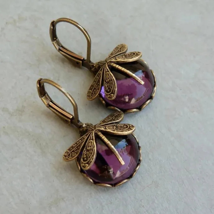 Vintage Bronze Dragonfly Drop Earrings with Moonstone Inlaid Zinc Alloy Jewelry for Women