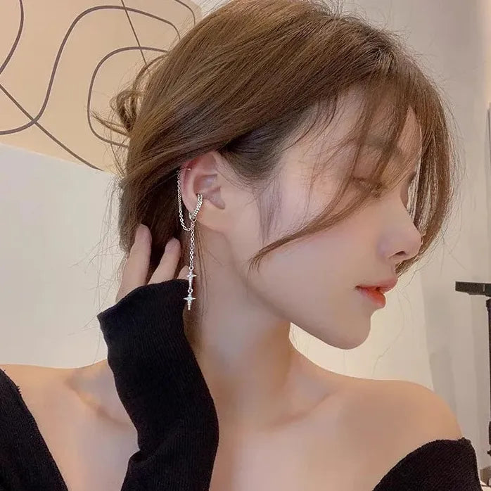 Silver Star Crystal Tassel Clip-On Cuff Earrings for Women Jewelry