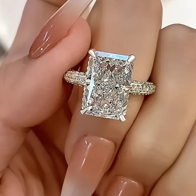 Rectangle Cut Cubic Zirconia Brass Ring for Women Wedding Engagement Band