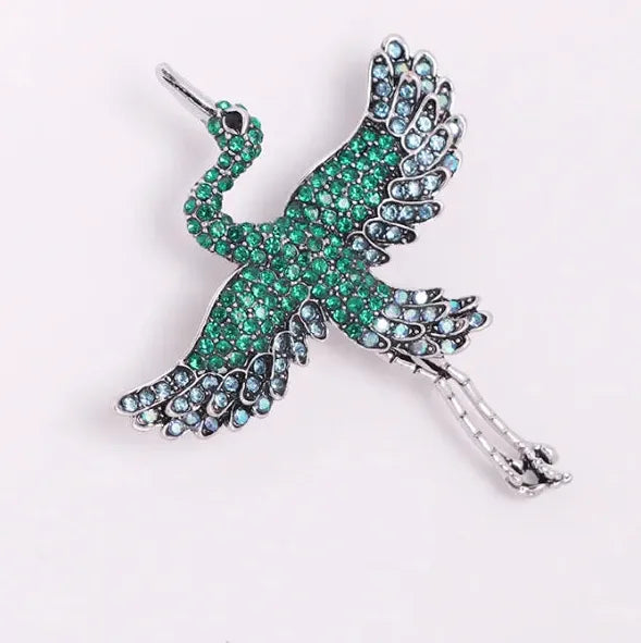 Heron Crane Bird Brooch for Women Green Rhinestone Animal Pin Jewelry