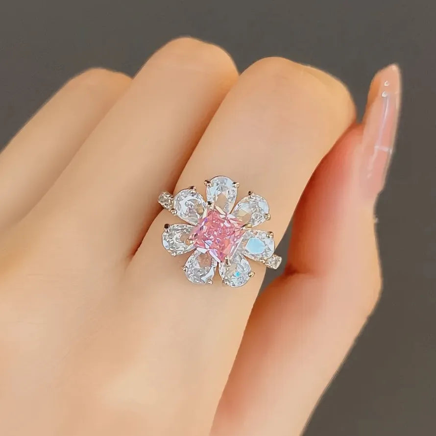 Pink Flower Cubic Zirconia Geometric Brass Ring for Women's Wedding Party