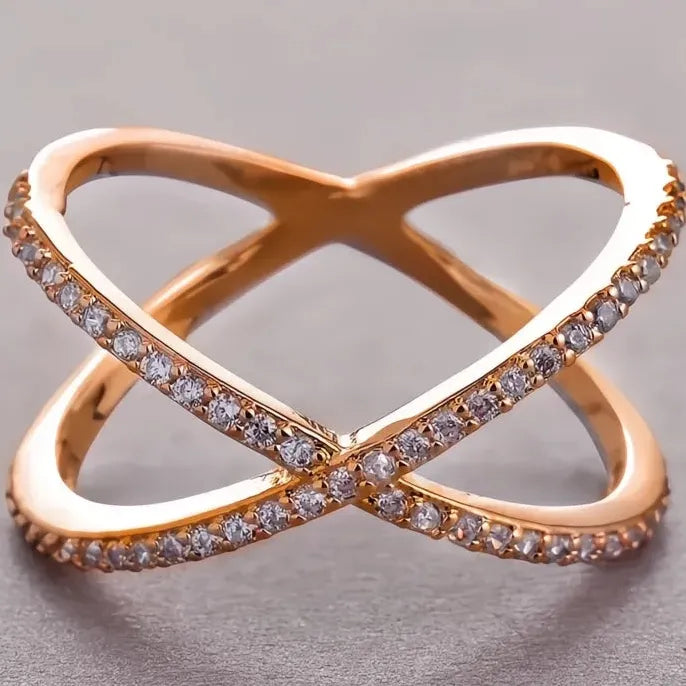 Trendy Copper Cubic Zirconia X Shape Geometric Ring for Women Men Party Jewelry