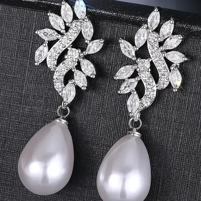 Geometric Water Drop Pearl Earrings with CZ Inlay Copper Alloy Jewelry for Women