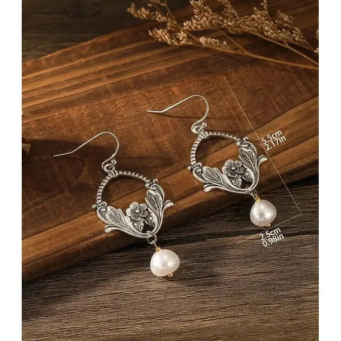 Bohemian Silver Metal Carving Plant Pattern Pearl Drop Earrings for Women