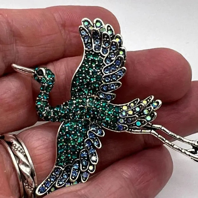 Heron Crane Bird Brooch for Women Green Rhinestone Animal Pin Jewelry