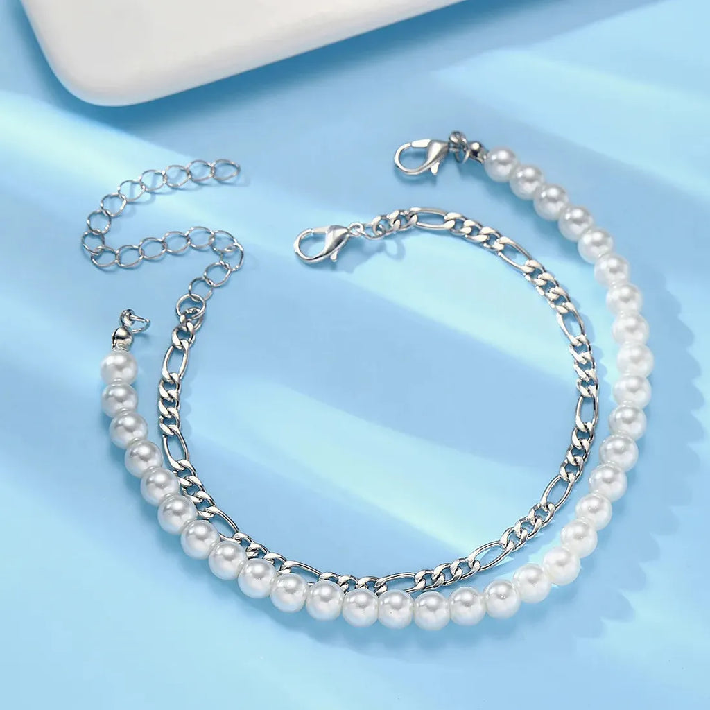 Handmade Classic Figaro Imitation Pearl Chain Bracelet for Women Jewelry Gift