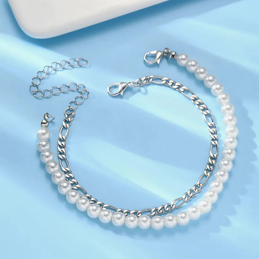 Handmade Classic Figaro Imitation Pearl Chain Bracelet for Women Jewelry Gift