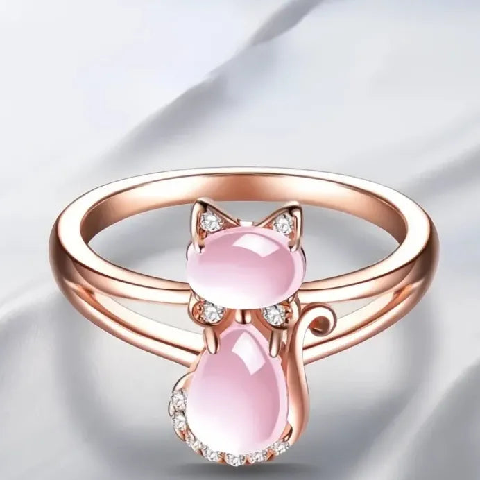 Trendy Pink Cat Cubic Zirconia Brass Ring for Women Girls Party Gift