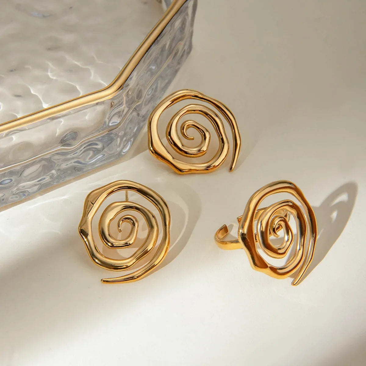 Waterproof 18K Gold Plated Metal Vortex Swirl Earrings Geometric Spiral Rings