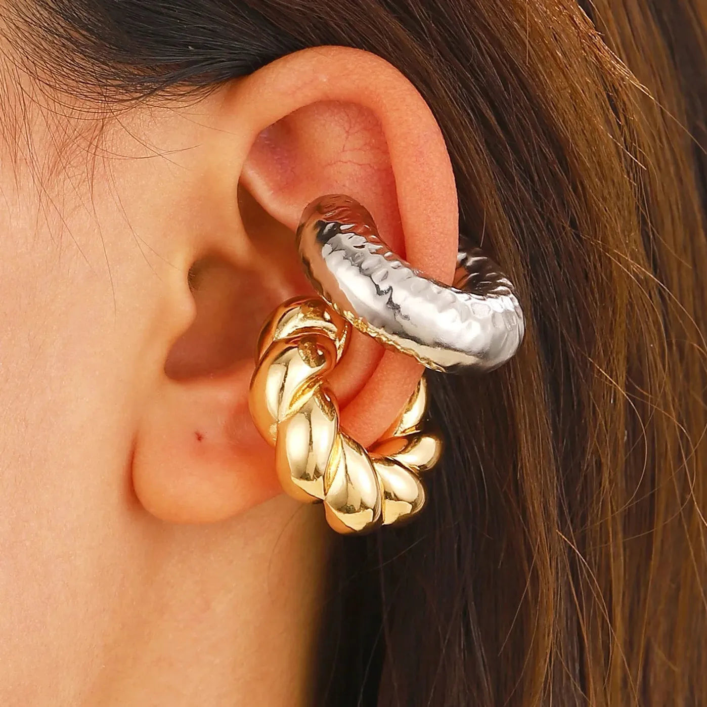 Gold Punk Chunky Geometric Clip-On Ear Cuff Earrings for Women Stylish