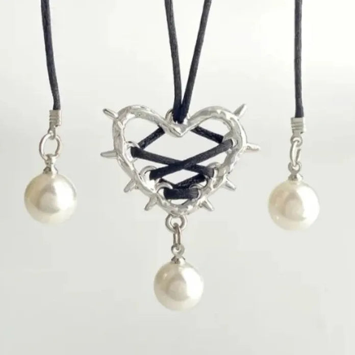 Pink Black Bow Tie Heart Pearl Pendant Necklace for Women Jewelry