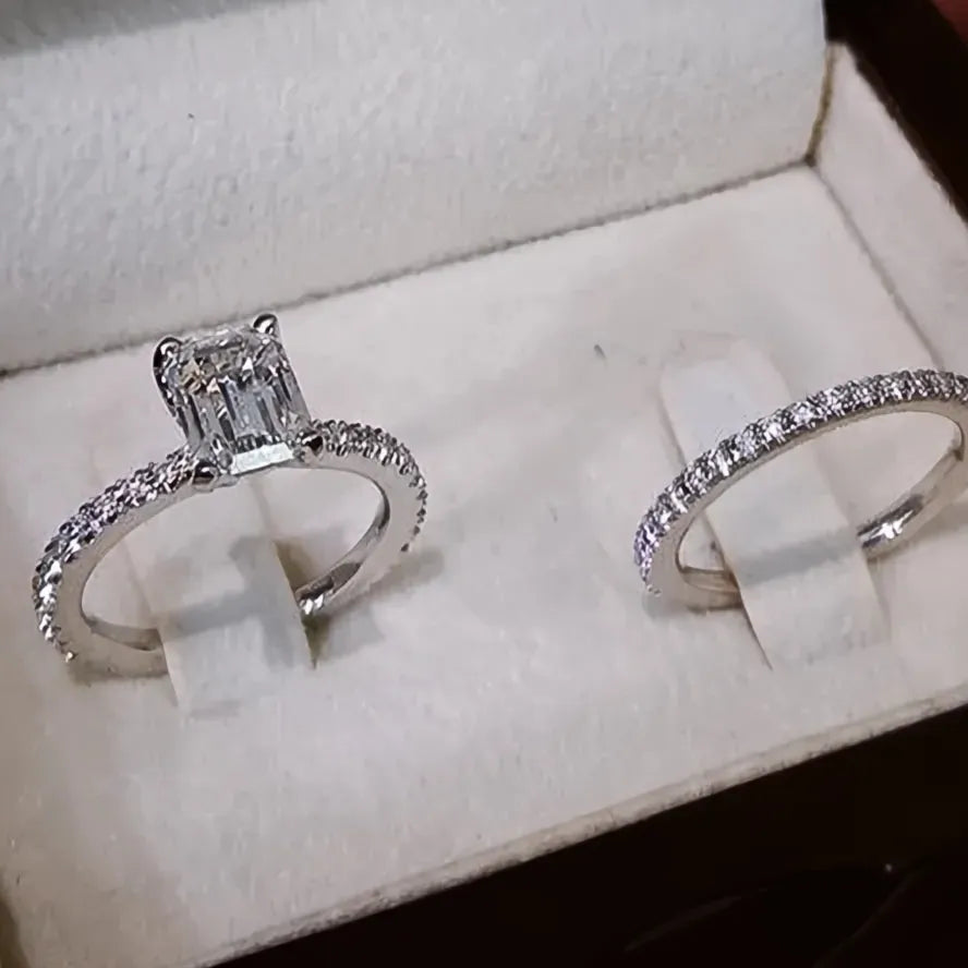 Elegant Round Square CZ Rings for Women Silver Brass Cubic Zirconia Wedding Engagement Jewelry Set
