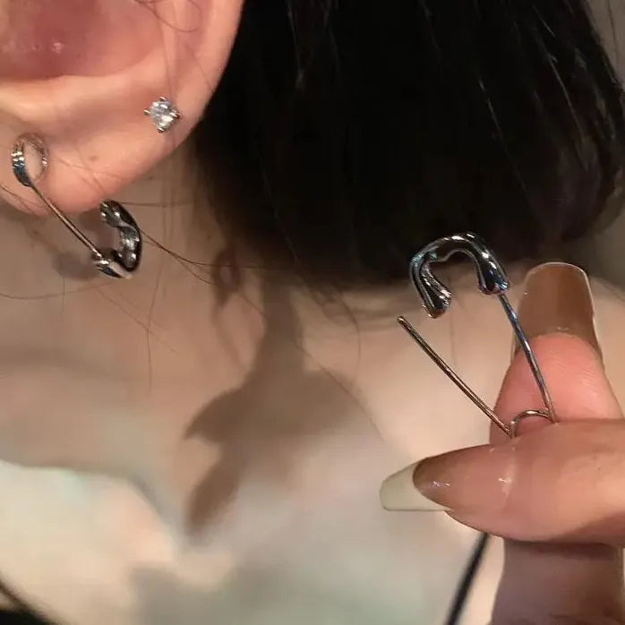 Unisex Punk Rock Safety Pin Metal Stud Earrings Geometric Jewelry for Women Men
