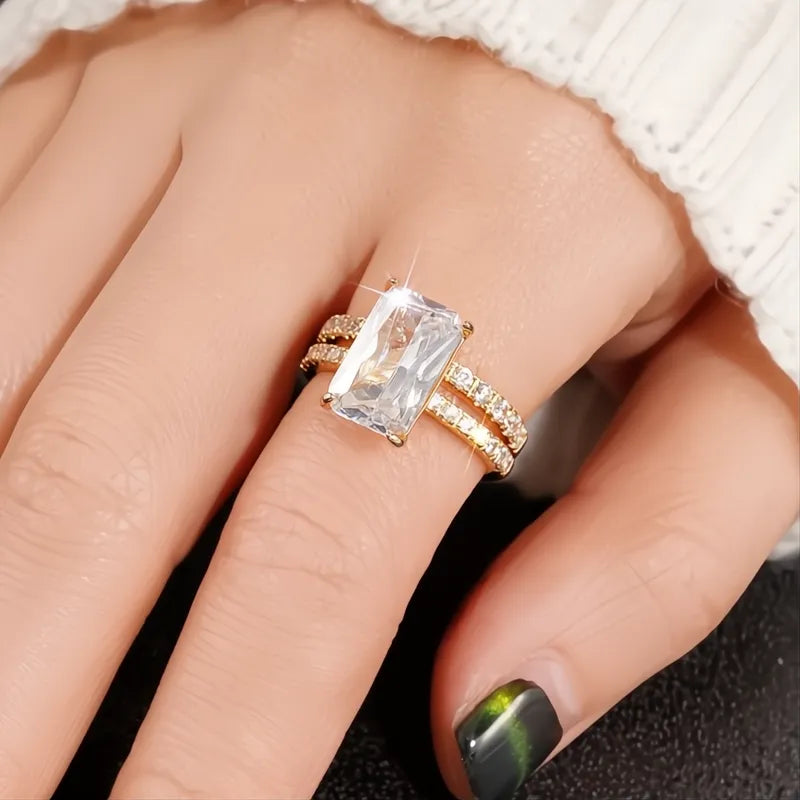 Rectangular Cubic Zirconia Bridal Wedding Rings Set for Women Luxury Trendy Engagement Band Jewelry