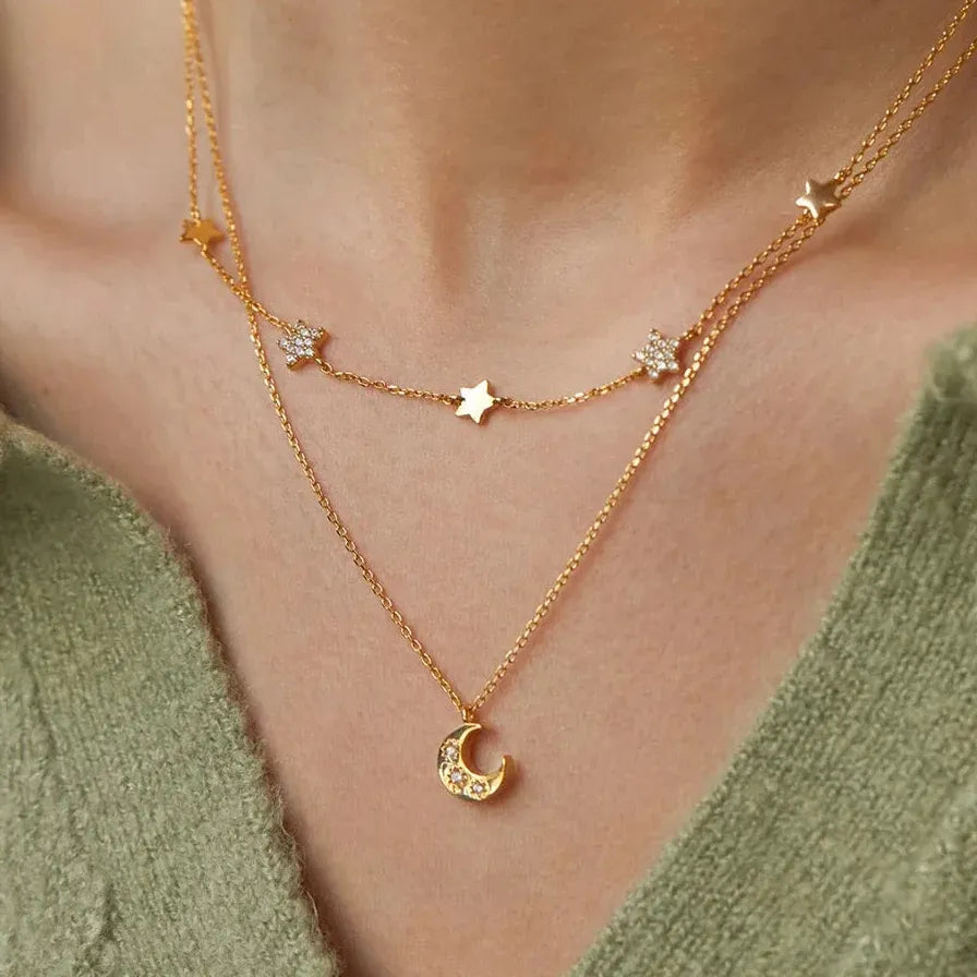 Minimalist Geometric Zircon Moon Pendant Necklace Women Stainless Steel Gold Chain