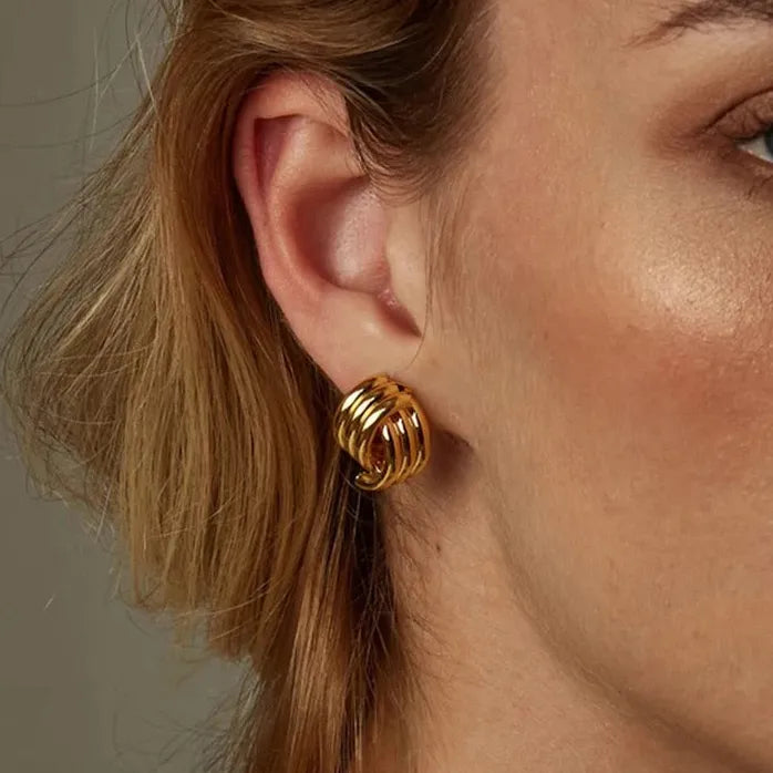 Gold Copper Alloy Three-Layer Textured Knot Earrings Women Vintage Jewelry