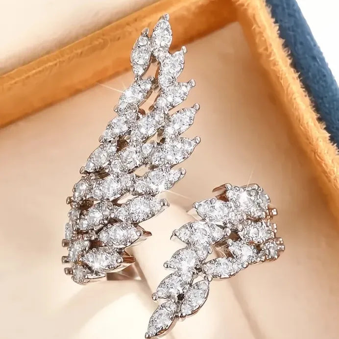Adjustable Silver CZ Crystal Wings Ring for Women Elegant Design