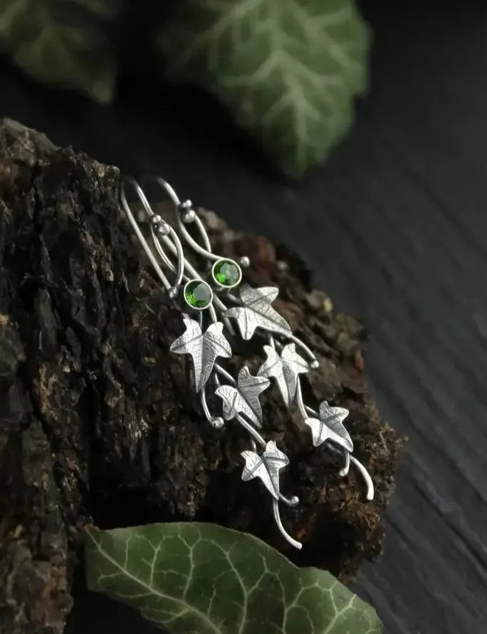 Vintage Ivy Elven Leaf Drop Earrings Women Silver Metal Crystal Jewelry