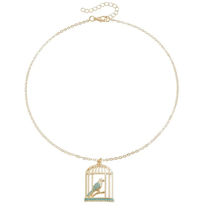 Adjustable Green Stone Pendant Necklace Zinc Alloy Birdcage Wing Key Gift