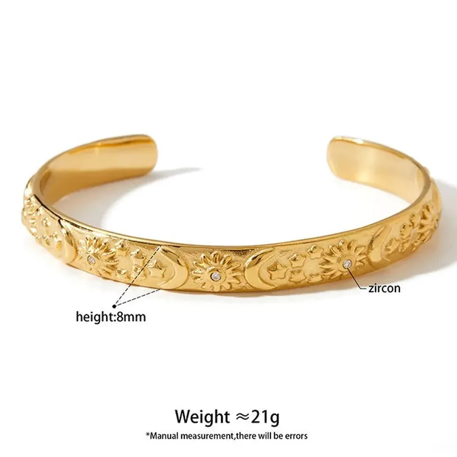 18K Gold Plated Stainless Steel Sun Moon Star Bangle Bracelet Waterproof Charm Jewelry