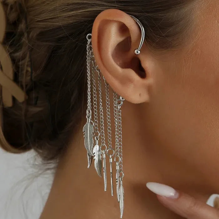 Metal Leaf Multi-Layer Tassel Zinc Alloy Clip-On Ear Wrap Cuff Earrings