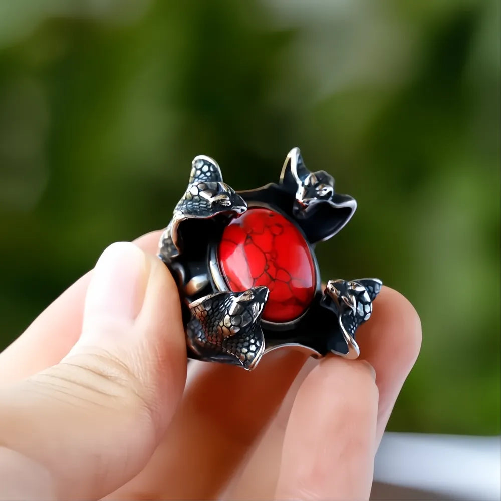 Four Snake Heads Ring 316L Stainless Steel – Red Zircon Punk Biker Ring