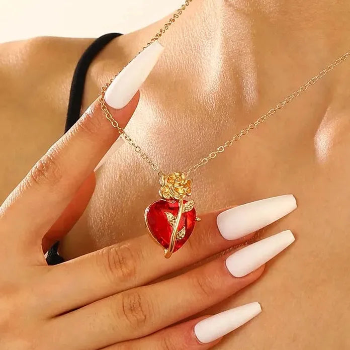 Gothic Red Heart Pendant Necklace Punk Love Flower Choker Y2K Jewelry