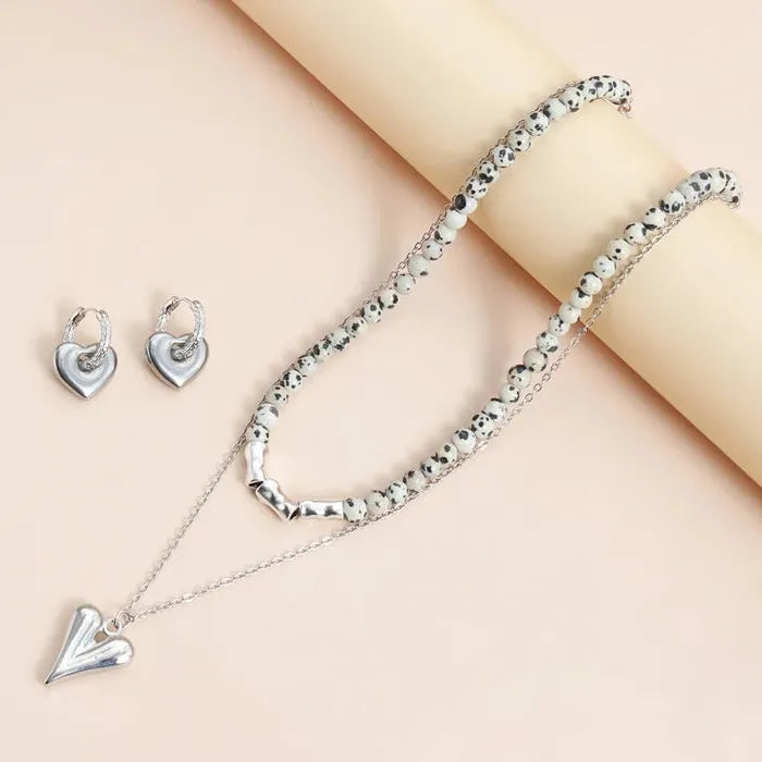 Speckled Stone Heart Pendant Necklace & Drop Earrings Set for Women