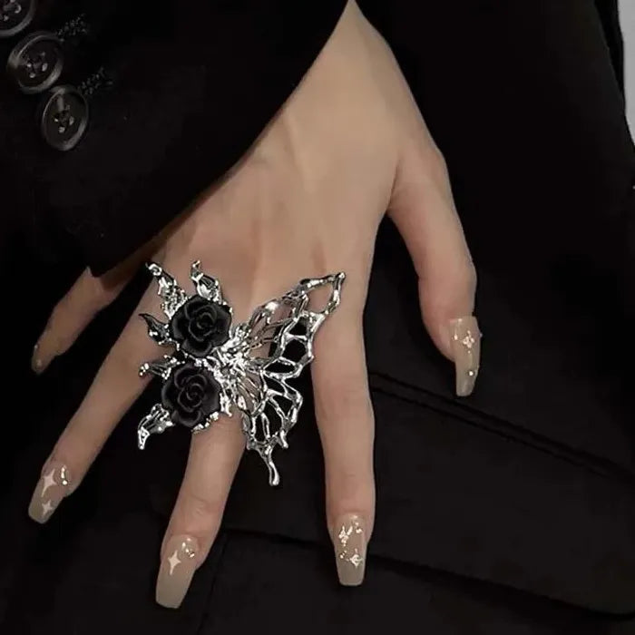 Adjustable Vintage Punk Black Rose Butterfly Animal Ring for Women Jewelry